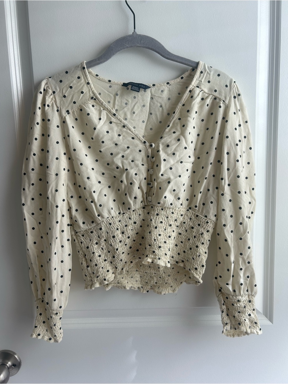 American Eagle Outfitters Cropped Cream Blouse with Black Polka Dots